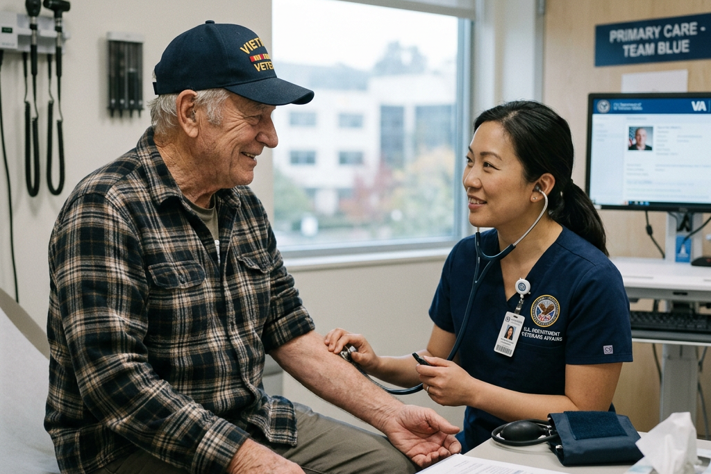 Healthcare professional checking a veteran’s blood pressure in a clinic