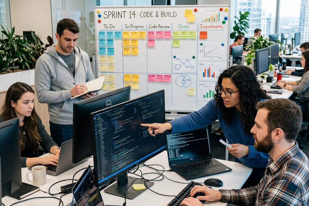 Software team collaborating around code monitors and a sprint planning board